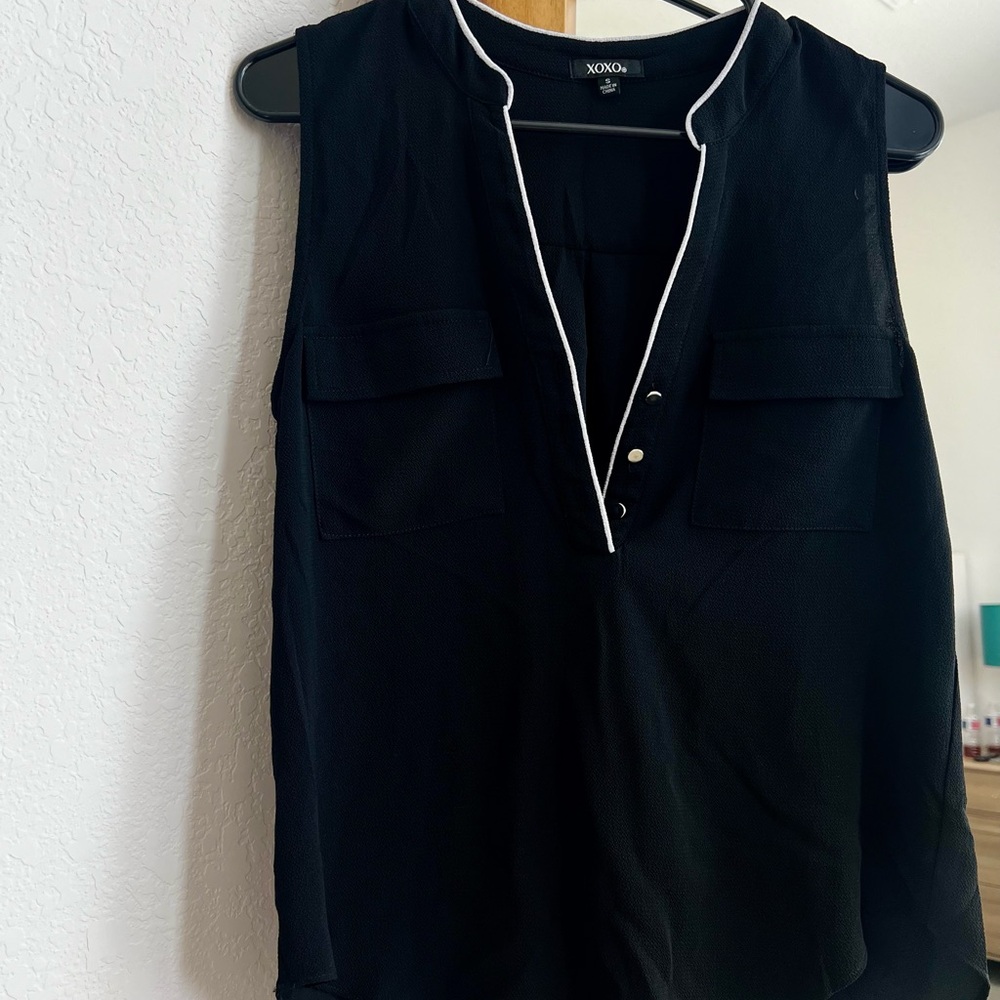XOXO Black Sleeveless Blouse with White Trim